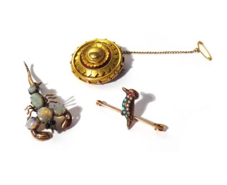 An opal brooch, designed as a scorpion, mounted with four oval opals, a gold, turquoise and seed pearl set brooch, designed a