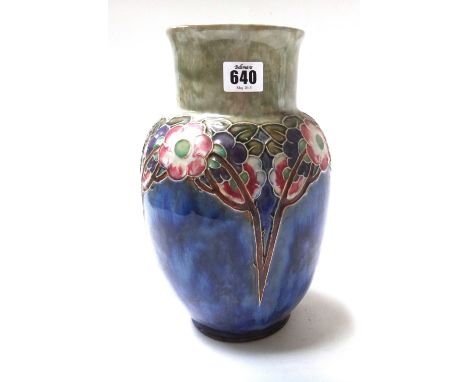 A Royal Doulton stoneware vase, early 20th century, tube line decorated with flowers against a mottled blue and green ground,