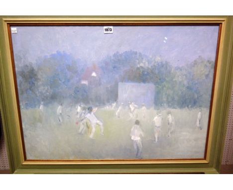 Bernard Myers (b.1925), St Pauls, Hammersmith: Boys playing cricket, oil on paper, signed with initials, 52cm x 73cm. DDS