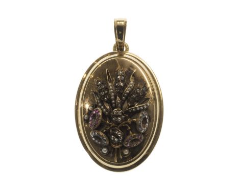 A gold mounted, rose diamond, seed pearl and gem set oval pendant locket, the front with a floral and foliate spray motif, pr