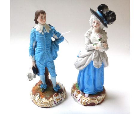 A pair of Continental bisque porcelain figures, early 20th century, modelled as gallant and companion on a crested scroll bas
