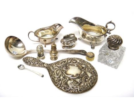 Silver and silver mounted wares, comprising; a Victorian hinge lidded square glass inkstand, with spiral fluted decoration, a