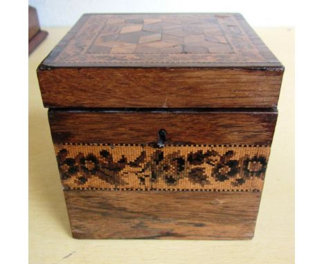A 19th century Tunbridge ware square rosewood tea caddy, 11.5cm wide.