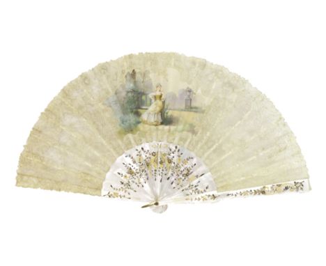 A Continental silk and embroidered lace fan, early 20th century, centrally painted with a young lady holding a flower and sig