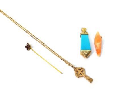 A gold pendant cross in a Celtic design, detailed 9ct, with a gold neckchain, a gold mounted reconstituted turquoise set pend