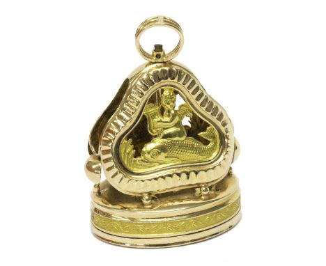 An early 19th century two colour yellow gold cased musical seal, the oval base to the shaped triangular surmount, containing 