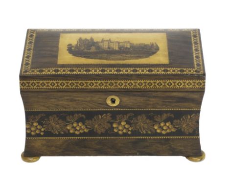 A 19th century Tunbridge ware tea caddy with concave sides, the top with scene of Eaton Collage from across the river, 23cm w
