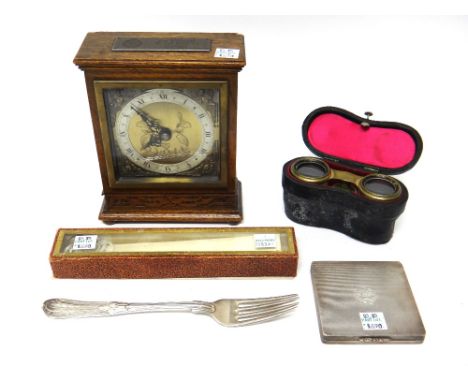 A lady's silver square powder compact, engraved with the crest of The Tank Corps, an oak cased Elliott mantel clock, mounted 