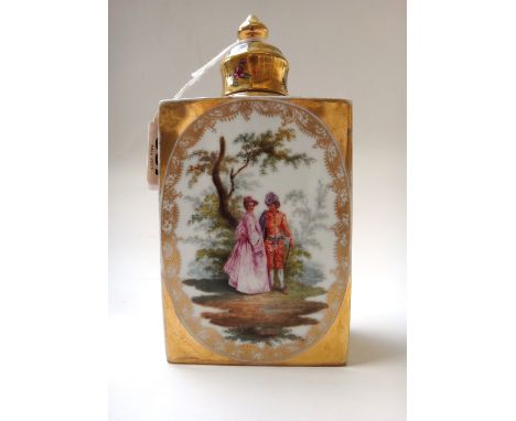 A Vienna style rectangular tea caddy and cover, late 19th century, each side painted with lovers in a landscape, the ends pai