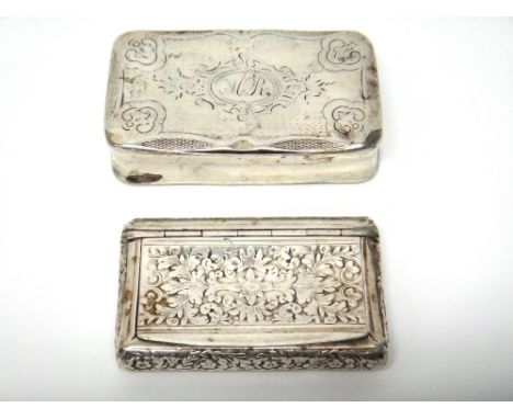 A French rectangular hinge lidded snuff box, with engine turned decoration and a French smaller rectangular hinge lidded snuf