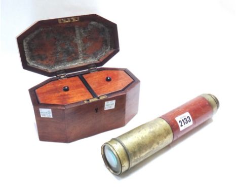 A three draw brass and wooden bound telescope, stamped 'C West, London' to the eyepiece, 71cm extended, together with a mahog