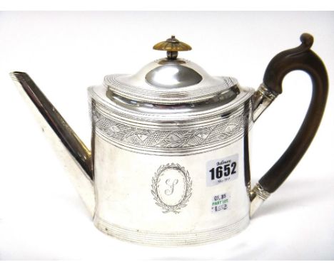 A George III silver oval teapot, decorated with engraved bands and with a replacement finial and wooden handle, London 1798, 