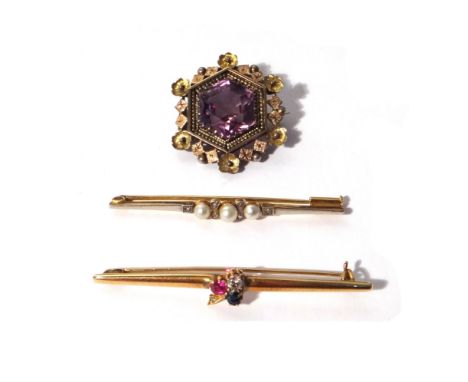 A gold, diamond, ruby and sapphire set bar brooch, with a trefoil motif, detailed G.BRONEE 585 14 K, a gold, cultured pearl a