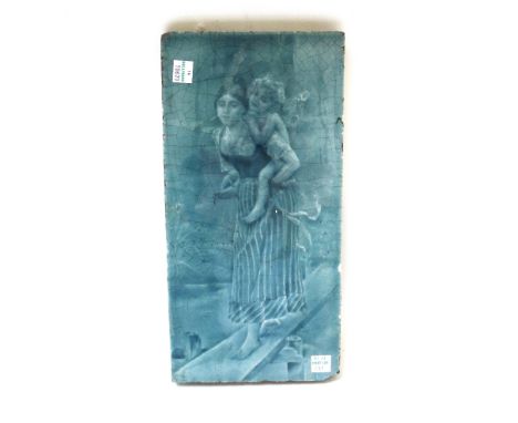 A pair of Mintons earthenware tile panels, late 19th century, each consisting of four tiles decorated with a putto playing pi