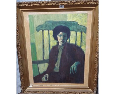 Lynn Sweat (b.1934), Portrait study of a lady in a chair, oil on canrdboard, signed, 55cm x 42.5cm.