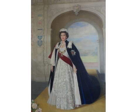 Sir William Oliphant Hutchison (1889-1970), Portrait of Her Majesty the Queen, oil on canvas, 245cm x 153cm., in a carved gil