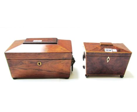 A Regency yew wood sarcophagus shaped tea caddy, 20cm wide, and a late Regency rosewood sarcophagus shaped tea caddy (2).