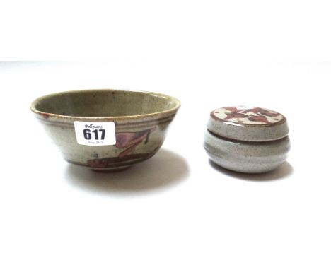 A Bernard Leach style studio pottery bowl with St Ives mark to base, 14.8cm diameter, a similarly decorated pot and cover, a 