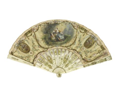 A continental painted silk fan, 19th century, detailed with a central cartouche of gallant and companion flanked by two folia