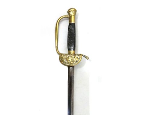 A Continental short sword, early 19th century, with double edged straight steel blade (77cm), shell guard relief cast with mu