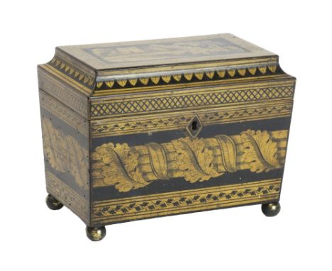 A Regency penwork tea caddy decorated with a country house scene and classical ornament, 18cm wide.  Illustrated
