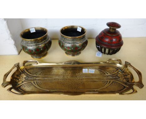 A group of metalware items comprising; a pair of Chinese brass cloisonné bowls (10cm high), a bronze Art Nouveau two handled 