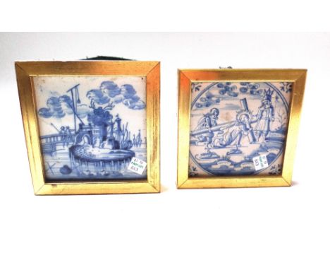 Eleven delftware blue and white tiles, mostly English, 18th century, painted with landscapes, biblical subjects, a single fig