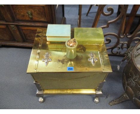 A brass coal bucket, together with a selection of onyx items to include a cigarette box, lighter and trinket box