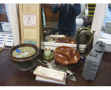 A mixed lot to include a boxed drill, a cloisonne plate, a bugle, a mirror and other items