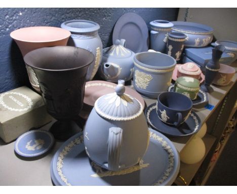 Mixed Wedgwood Jasperware items to include vases, a teapot and other items