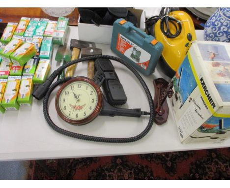 A quantity of tools to include a tool set, energy saving light bulbs and a Karcher window washer, boxed