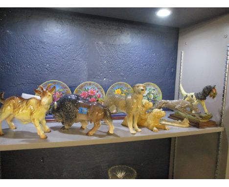 Three Melba ware china model animals to include a Buffalo and other animal ornaments, together with four Albert Williams, A B