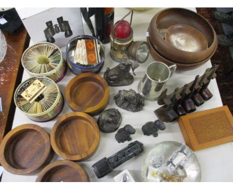 Smoking related items to include vintage match boxes, treen ashtrays and bowls, a pipe rack, a Cary Magic inch, a lighter, a 