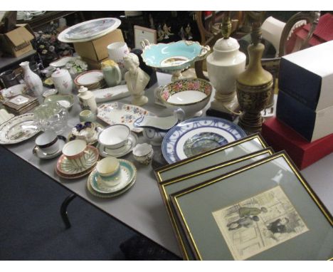 A quantity of ceramics and other items to include a Victorian comport, three framed prints, Royal Worcester, Wedgwood, cups a