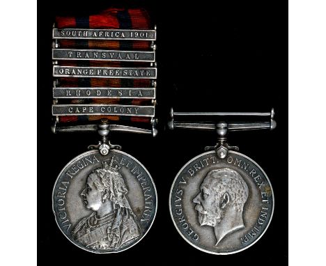 BOER WAR AND WORLD WAR I FAMILY SINGLES, QUEEN'S SOUTH AFRICA MEDAL, FIVE CLASPS CAPE COLONY, RHODESIA, ORANGE FREE STATE, TR