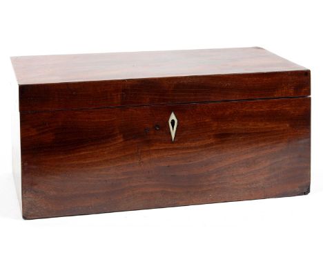 A VICTORIAN FIGURED MAHOGANY TEA CADDY WITH FITTED INTERIOR AND A GLASS JAR, 32.5CM L 