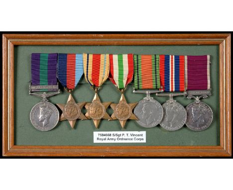 WORLD WAR II, SEVEN, GENERAL SERVICE MEDAL ONE CLASP PALESTINE, 1939-1945 STAR, AFRICA STAR, ITALY STAR, DEFENCE MEDAL, WAR M