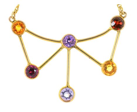 AN AMETHYST, CITRINE AND GARNET PENDANT ON GOLD CHAIN, MARKED 375, 3G 
