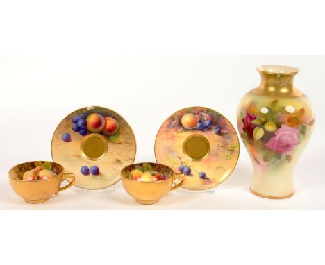 A PAIR OF ROYAL WORCESTER MINIATURE TEACUPS AND SAUCERS, PAINTED BY A. SHUCK, R. AUSTIN OR H. H. PRICE, ALL SIGNED, WITH FRUI