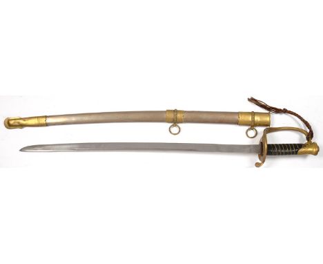 AN INFANTRY OFFICER'S SWORD AND SCABBARD, WITH PIERCED BRASS HILT, BRASS MOUNTED NICKEL PLATED SCABBARD, BLADE 66.5CM 