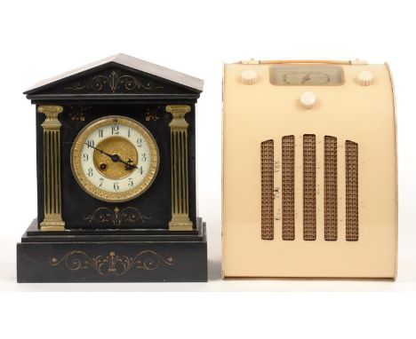 VINTAGE WIRELESS. AN EVER READY CREAM PAINTED MAINS RADIO, REG DESIGN 84874, MID 20TH C AND AN ARCHITECTURAL BELGIAN SLATE MA