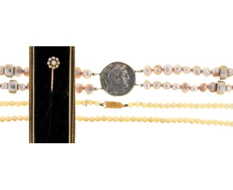 TWO CULTURED PEARL NECKLACES AND A VICTORIAN SPLIT PEARL STICK PIN IN GOLD, CASED 