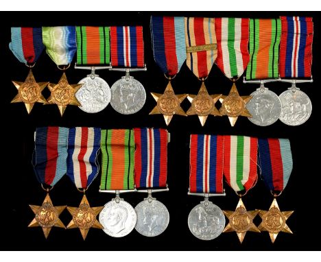 WORLD WAR II FOUR GROUPS OF THREE, FOUR AND FIVE, INCLUDING AFRICA STAR WITH 8TH ARMY CLASP 