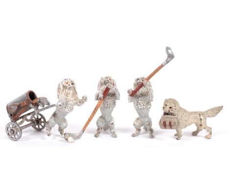 A SET OF THREE COLD PAINTED BRONZE ANTHROPOMORPHIC POODLE NOVELTY MINIATURE SCULPTURES IN THE FORM OF GOLFERS AND ONE OTHER, 