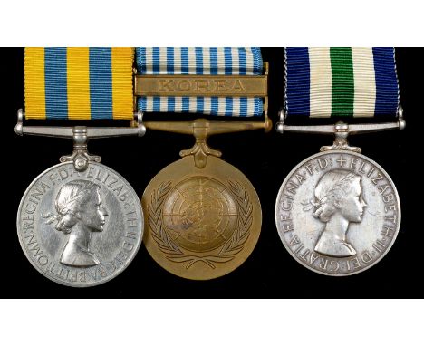 POST WORLD WAR II CONFLICTS GROUP OF THREE, KOREA MEDAL, 1ST OBVERSE, UN KOREA MEDAL AND ROYAL NAVAL RESERVE LONG SERVICE AND