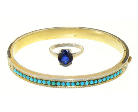 A RUSSIAN TURQUOISE BANGLE IN SILVER GILT, MARKED AA, AND A GEM SET SILVER RING, SIZE N? 