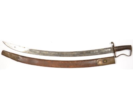 AN EARLY 19TH CENTURY COASTGUARD OR MERCHANT NAVY SWORD BY WILKINSON, WITH HATCHET BLADE, STIRRUP HILT AND IRON GRIP, BLADE 7