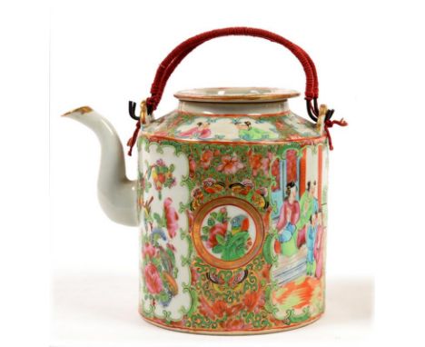 A CANTON FAMILLE ROSE CYLINDRICAL TEAPOT WITH CORDED HANDLES 