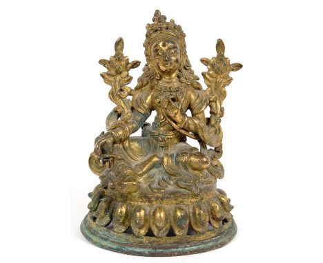 A GILT BRONZE FIGURE OF AVALOKITESHVARA, 11CM H, 19TH C OR EARLIER 