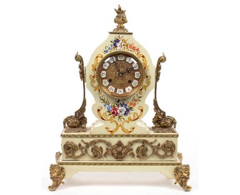 A GILTMETAL MOUNTED PAINTED WOOD MANTEL CLOCK, THE DIAL WITH ENAMEL CHAPTERS, 48CM H 